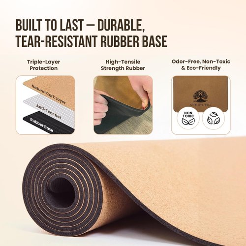 MHW - Live Well Cork Yoga Mat Thick | Non Slip Yoga Mat With Bag | Large Thick Extra Wide And Long | Eco Friendly Yoga Mat Non Toxic | Natural Rubber Mat | Foldable Mat With Strap
