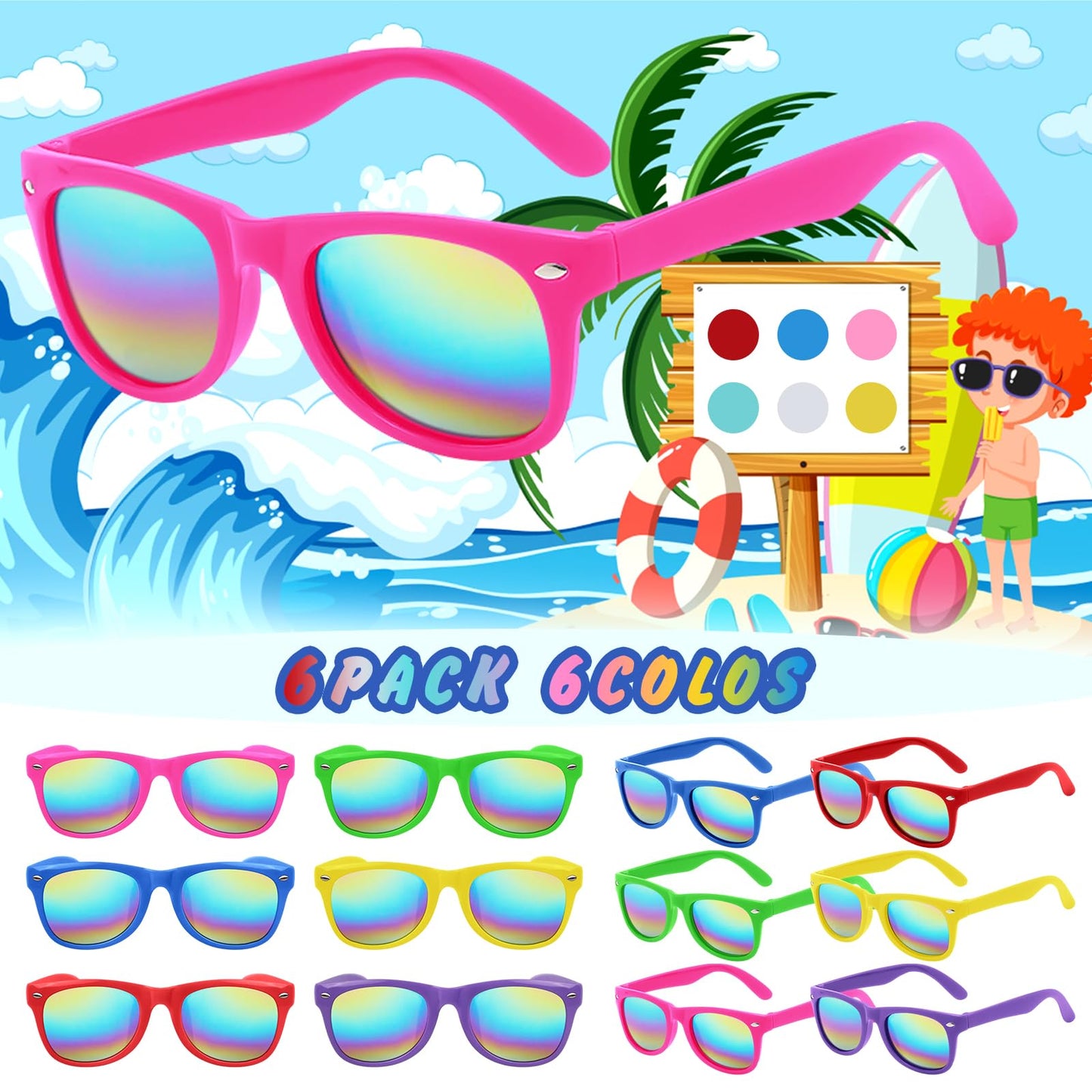GoodUping 6 Pcs Kids Sunglasses Bulk with UV Protection, Neon Sunglasses Party Favors for Boys Girls, Summer Outdoor Accessories for Beach Pool Birthday Graduation Party Supplies