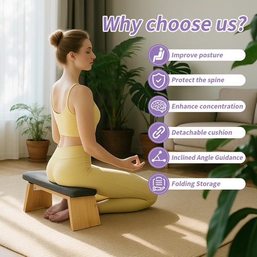HOSASSPER Bamboo Meditation Bench, Folding Meditation Stool with Velvet Cushion & Carry Bag, Seiza Prayer Stool, Kneeling Meditation Bench for Yoga, Mindfulness & Zen Practice