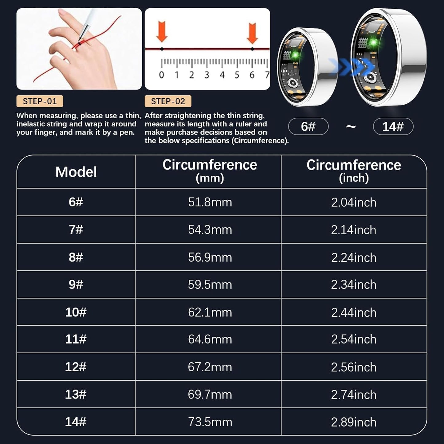 Ring Health Tracker for Women Men, Fit Ring with Heart Rate, Blood Oxygen, Sleep Monitor, Calories, Step Counter, IP68 Waterproof Smart Ring for iPhone & Android, No Subscription Fee (Silver, 13#)