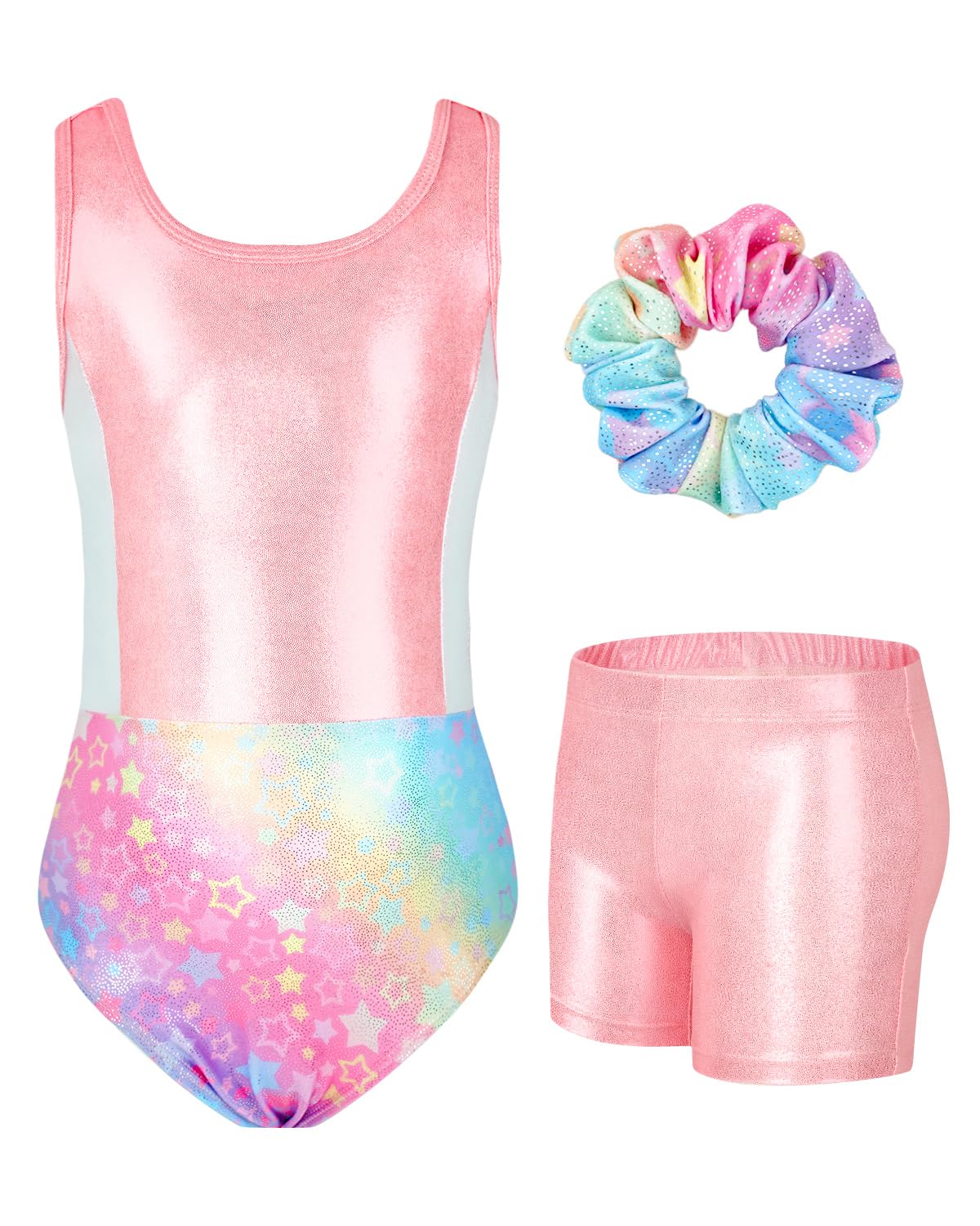 JiAmy Gymnastics Leotards for Girls with Cross Back, Sparkly Dance Unitards with Shorts Biketards Outfit Pink Stars 6-7 years