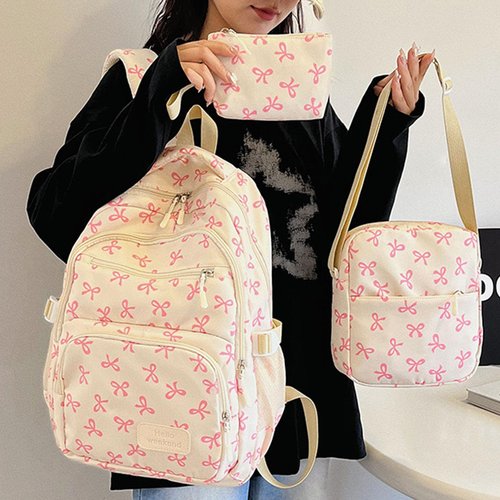 Yaxhsi Bow Backpack 3Pcs Set for Girls, Aesthetic Daypack Bow Rucksack, Cute Backpack Set Large Capacity (Pink)