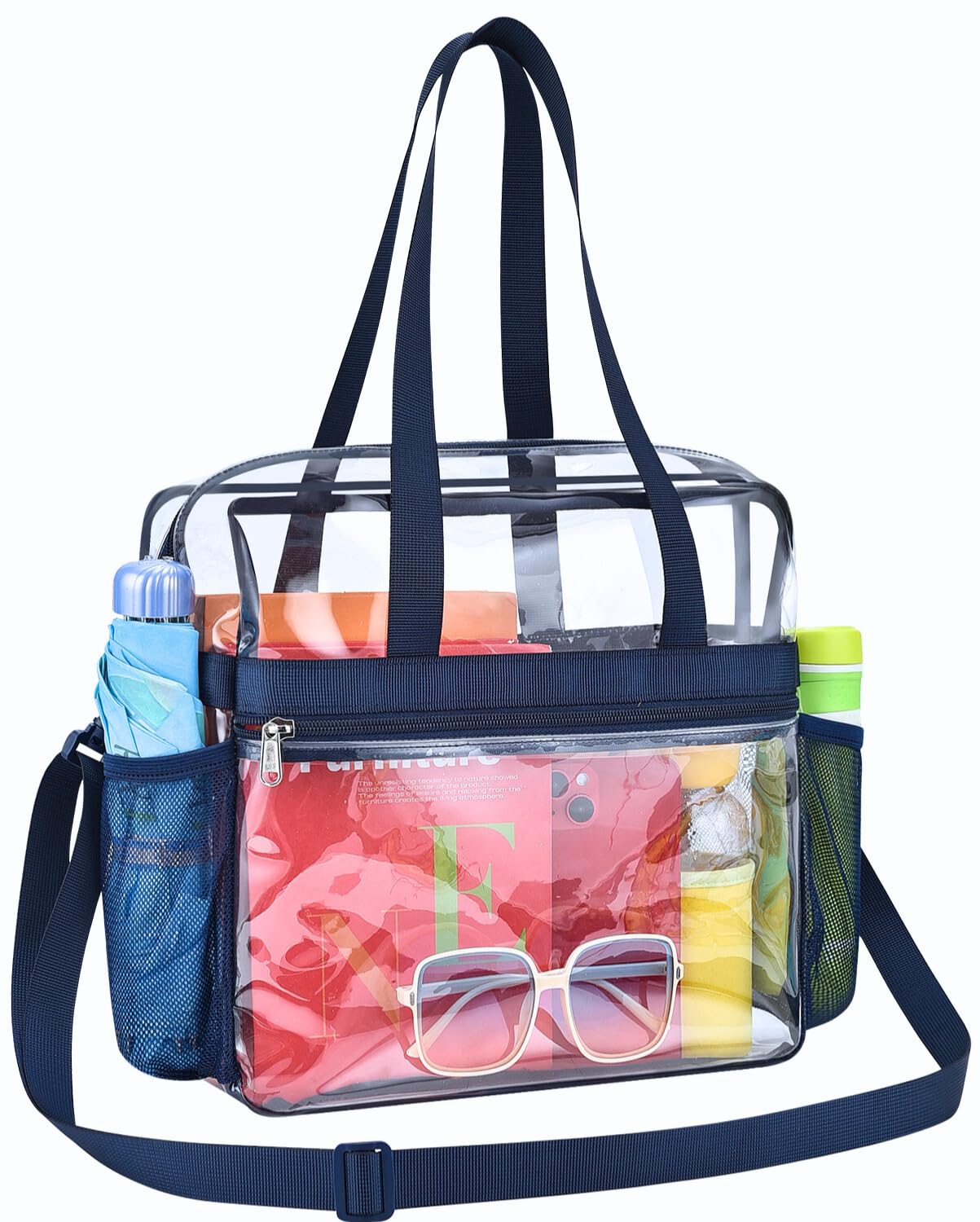 Paxiland Clear Bag for Stadium Events 12x6x12, Large Clear Tote Lunch Bag Stadium Approved with Reinforced Shoulder Straps for Concert Outfits and Festival, Transparent Handbag for Men - Navy