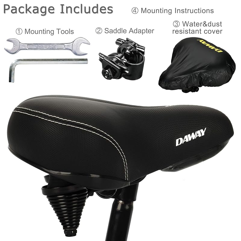 DAWAY C30 Comfortable Oversized Bike Seat - Extra Wide Sattle with Memory Foam Cushion, Steel Springs, for Peloton & All Bikes - Outdoor (Variation: Outdoor Steel Springs)