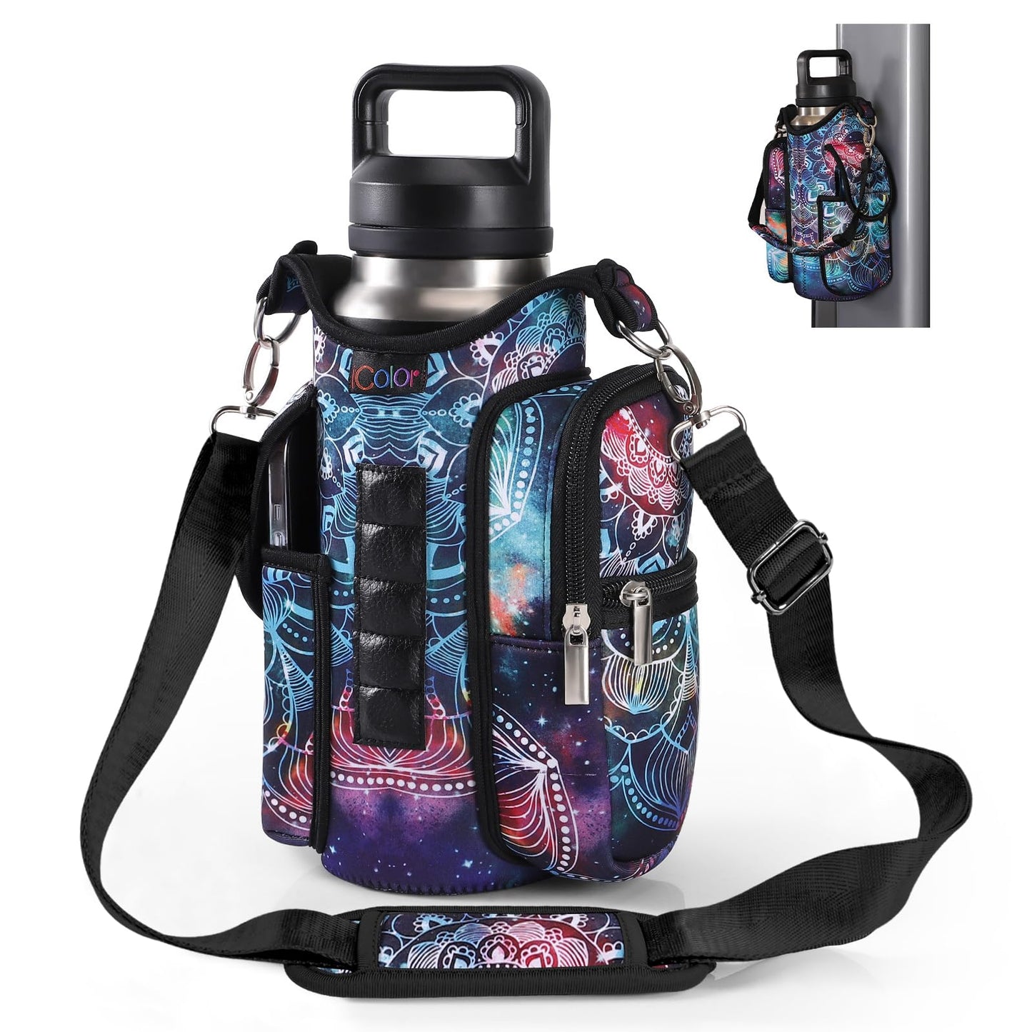 icolor Magnetic Gym Bag Water Bottle Carrier Holder with Phone Pockets & Shoulder Strap,5 Built-in Magnets Gym Bottle Pouch Sleeve,Magnetic Bag Gym Accessories Organizer for Men Women (Mandala)