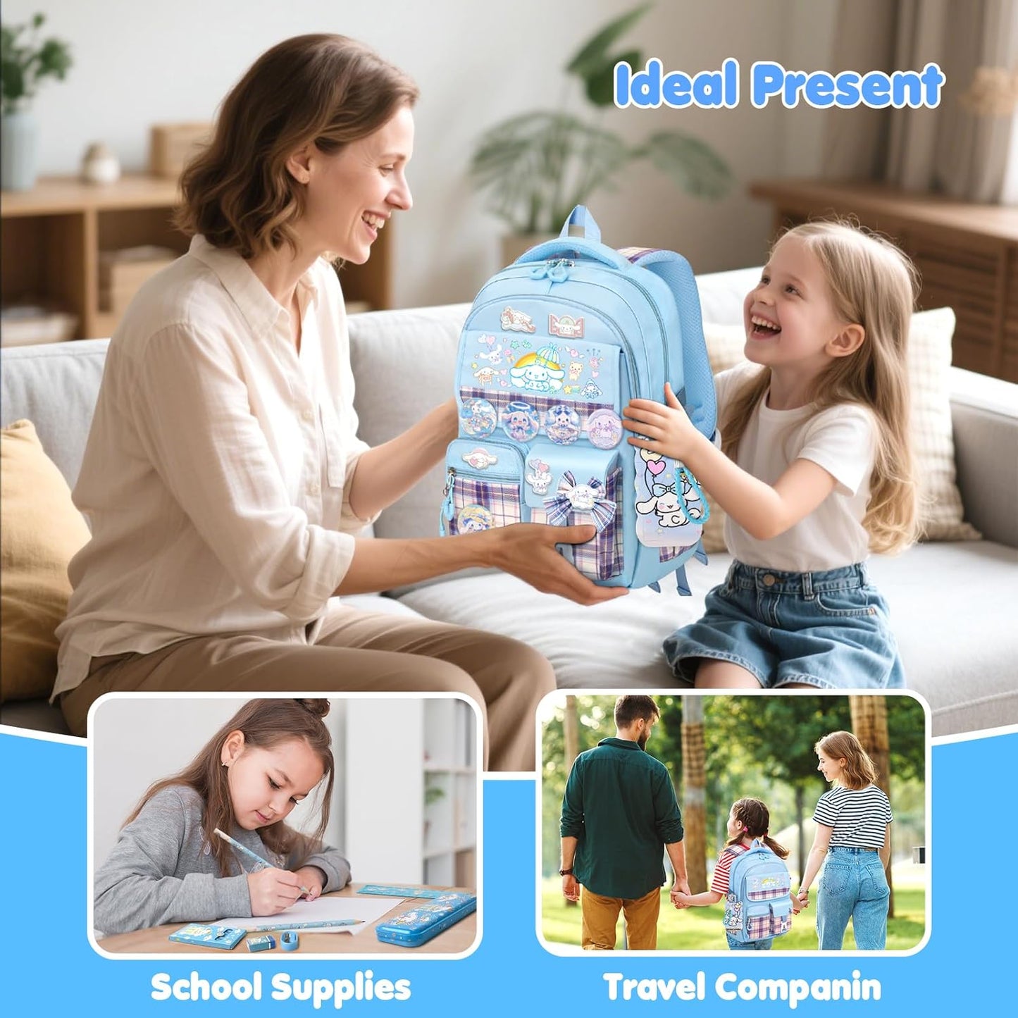 16.5/19IN School Backpack for Girls with 24Pcs Accessories, Anti-Theft Kids Backpack for Students Aged Between 4-8 Years Old/9 Years Old and Above, New Semester Presents with Pins and Card Holder