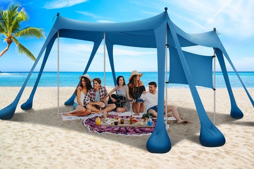 Beach Tent Sun Shelter & Portable Beach Canopy UPF80+ Uv Protection, Beach Shade Canopy/Cabana with 8 Sandbags, 4 Stability Poles, Sand Shovel Ground Pegs for Outdoor Camping(10x10ft, Navy Blue)
