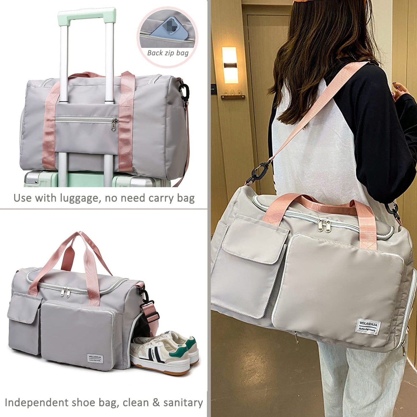 Pink+Toiletry Gym Bag for Women - Foldable Travel Duffel with Wet Pocket & Shoes Compartment, Dance & Overnight Bag, Small Luggage for Women and Man