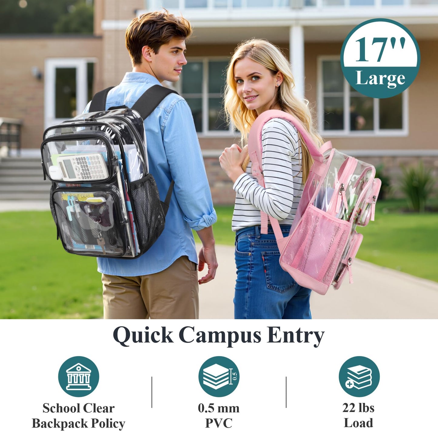 PACKISM Clear Backpack for School - 17 inch Large Heavy Duty Bookbag, Reinforced See Through PVC Transparent Backpack for Students Men Women, Battleship Grey (Age 12+)