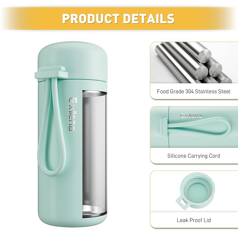 Exllena Extra Mini Water Bottle 5oz Mint - Leakproof Insulated Flask with Carry Handle
