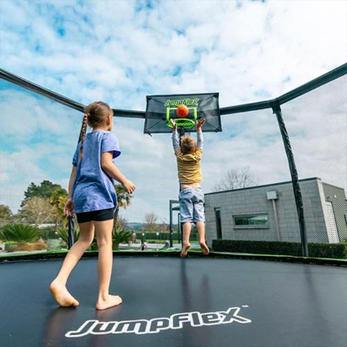 JumpFlex Trampoline with Basketball Hoop - Hero 12FT 14FT 15FT Round Outdoor Backyard Trampoline ASTM Approved with Net Safety Enclosure & Ladder Playset with Fast Assembly