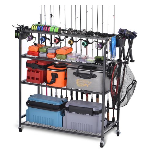 Lezbanz Heavy Duty Fishing Rod Holder, Fishing Gear Storage up to 15 Rods with Hooks and Wheels, 4-Tier Fishing Rod Rack for Large Tackle Box and Reel Organization, Space-Saving Garage Storage