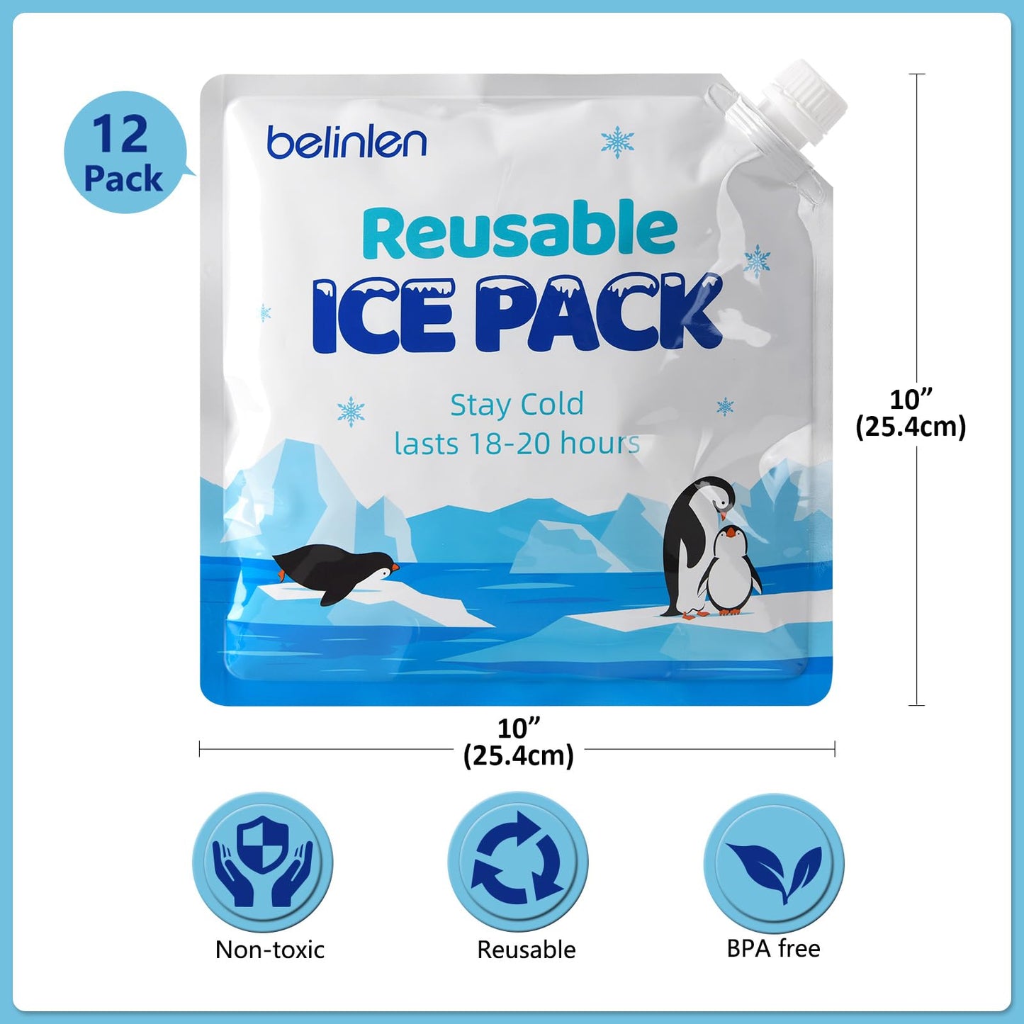 Belinlen 12 Pack 10x10 Inch Reusable Ice Packs for Cooler, Long Lasting Freezer Packs, Food Safe Flat Ice Packs for Cooler Bag, Lunch Box, Camping, Fishing, Beach, Picnic