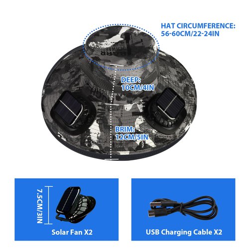 Solar Fan Hat,Wide Brim Solar Fan Outdoor Fishing Hat,Men Sun Hat with 2 Solar Fan Fishing Hats,3 Speed Adjustable Fans Hats (US, Alpha, One Size, Black and White)
