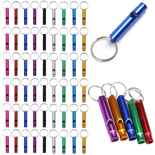 50 Pieces Emergency Whistle with Keychain Aluminum Survival Whistle Key Chain for Camping Hiking Boating Hunting Fishing