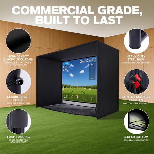 ZEALFEEL Golf Simulator Enclosure, 10x8FT Golf Net with HD Impact Screen & Side Barriers – Dual-Layer Impact Screen, Foam-Padded Frame, Indoor Cage Net for Home Garage Studio