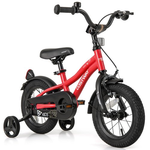 COSTWAY 12 Inch Kids Bike, Children Toddler Bicycle with Training Wheels, Adjustable Seat & Handlebar, Handbrake & Coaster Brake, Reflectors, Bell, Suitable for 3-8 Years Old Boys Girls, Red