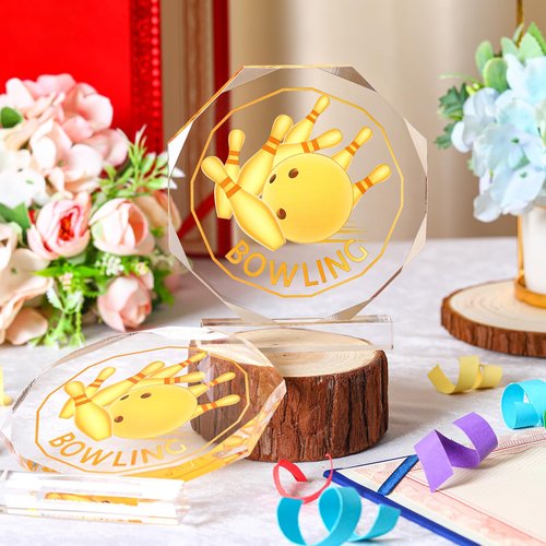 Anglechic 6 Pack Sports Trophy Acrylic Award Medals 4.72 x 4.72 Inch Sports Contest Trophies Bulk Plaques Team Prize Gift Trophies for Competition(Bowling)