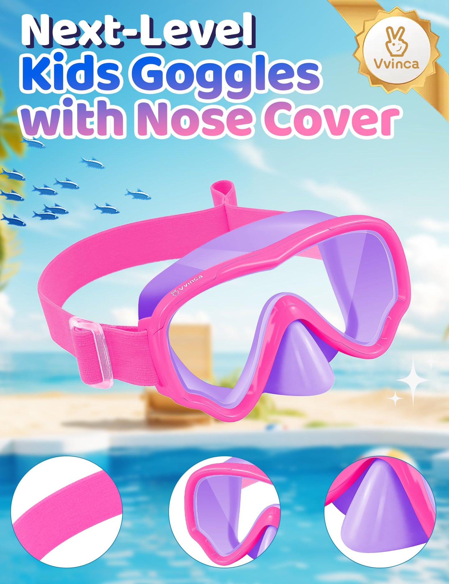 Vvinca Kids Swim Goggles with Nose Cover, Snorkel Diving Mask Fabric Strap Anti Fog Anti Shattered Lens Goggles for Kids 3-15