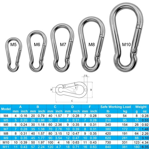 Outmate Marine Grade 316 Stainless Steel Carabiners -2.76 inch Heavy Duty, Durable & Rust-Free Clips for Gym, Swing, Dog Leashes, Hammocks, Keychains, and More(316 M7,Pack of 6)