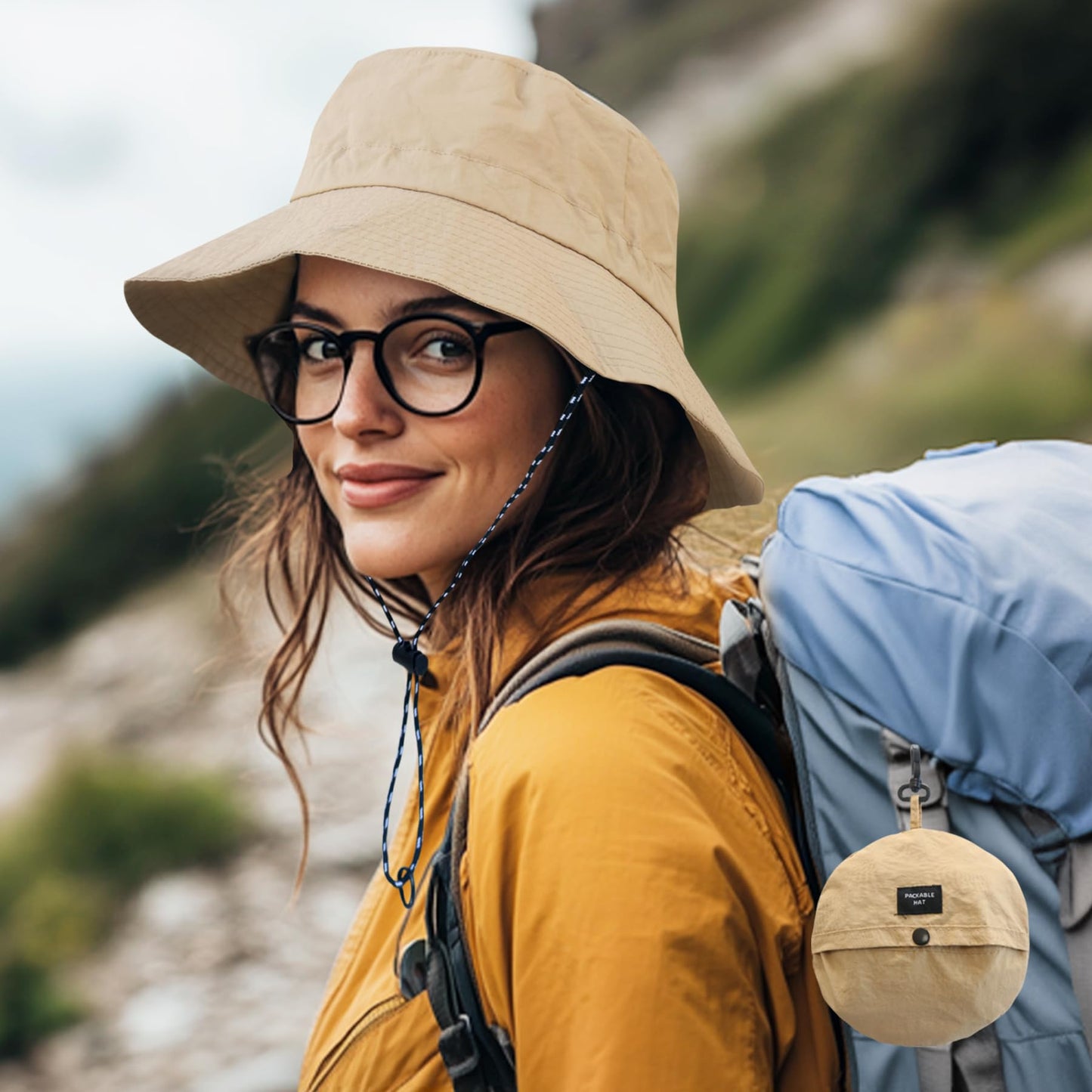 PFFY Packable Sun Bucket Hat for Women Outdoor UV Protection Sun Hats Waterproof Lightweight Hiking Outdoor Cap Russet (More Brick Red)