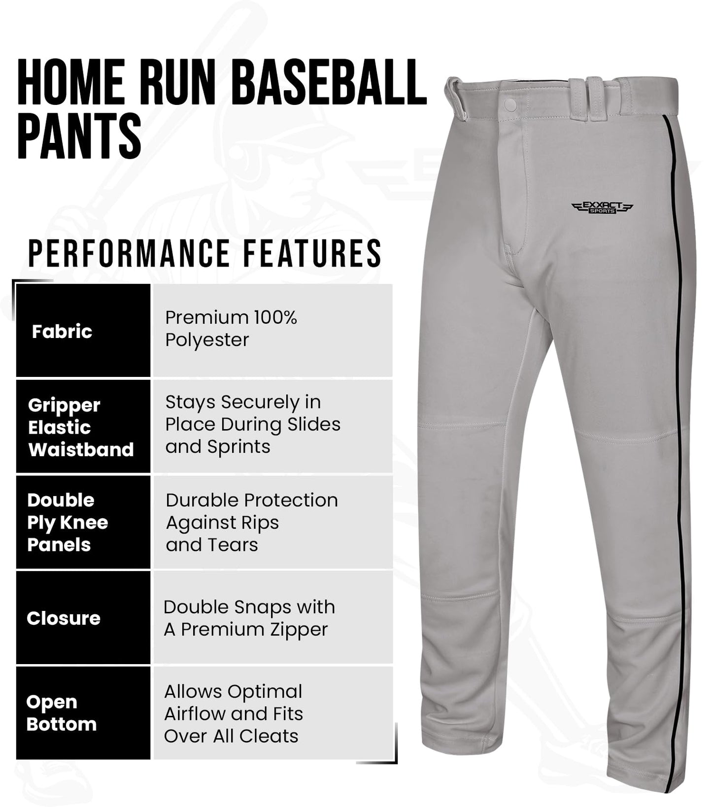 Exxact Sports Home Run Boys Baseball Pants with Piping - Full-Length, Semi-Relaxed Fit, Open-Bottom Youth Baseball Pants - (YM, Grey/Black Piping)
