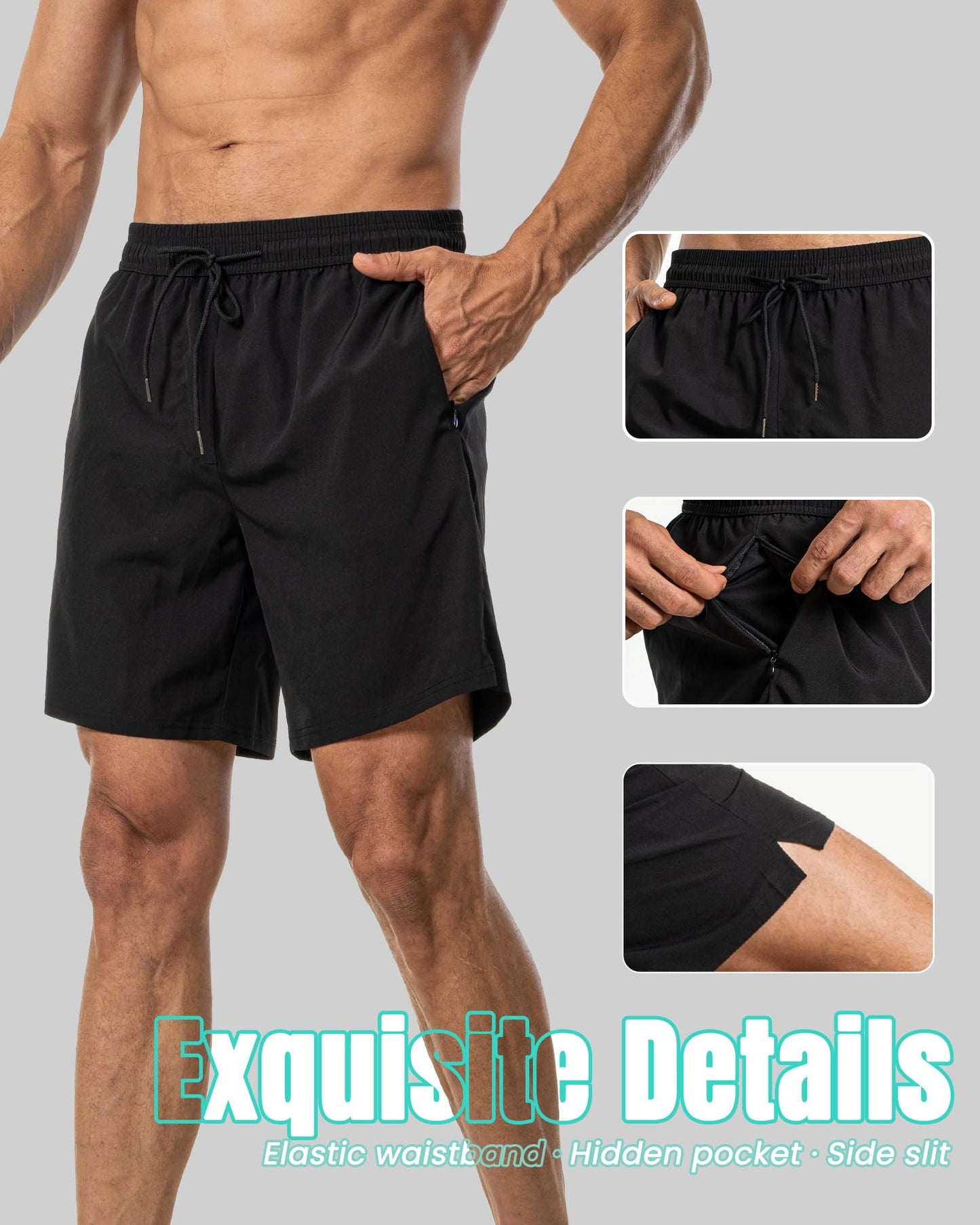 7 Inch Men Swim Trunks mid-thigh Compression Liner Quick Dry Male Swimwear Bikini Swimsuit Bathing Suit Beach Water Shorts Board Surf Track Training Jogger Active Walking Wear Attire Outfit Apparel
