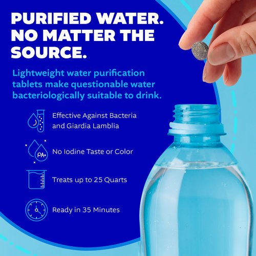 Potable Aqua Water Purification Tablets with PA Plus, Portable and Effective Solution for Camping, Hiking, Emergencies, Natural Disasters and International Travel, Two 50ct Bottles