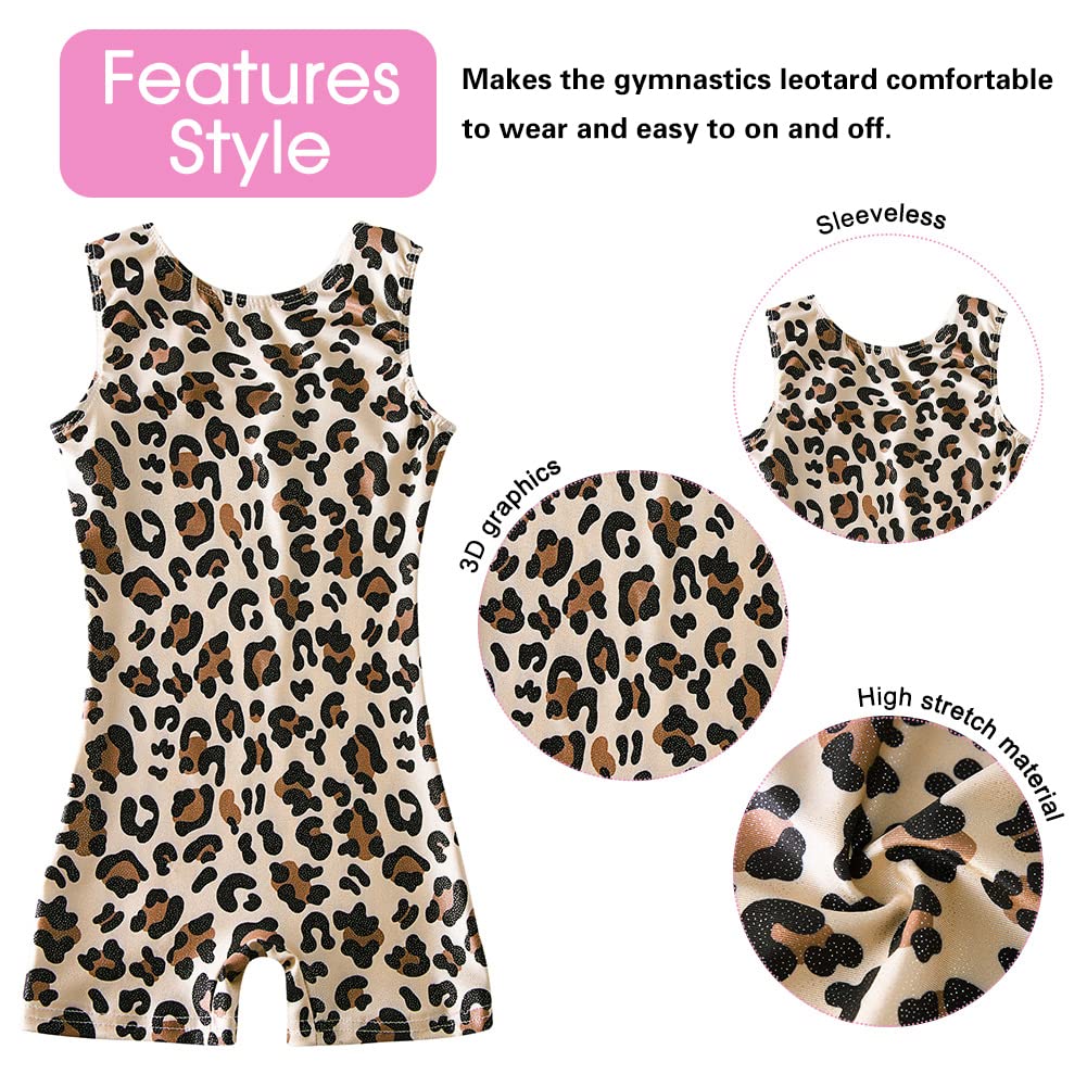 uideazone Leotards for Girls,Little Kid, Gymnastics Big Girls Gymnastics Apparel Quick Dry Leopard Printed Kids Unitards Biketards Gym Outfits