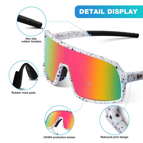 RIVBOS Youth Baseball Sunglasses for Kids(Boys&Girls) Polarized UV Protection Cycling Glasses WhiteBlack RabwDot-OrgnRabw lens RYS009