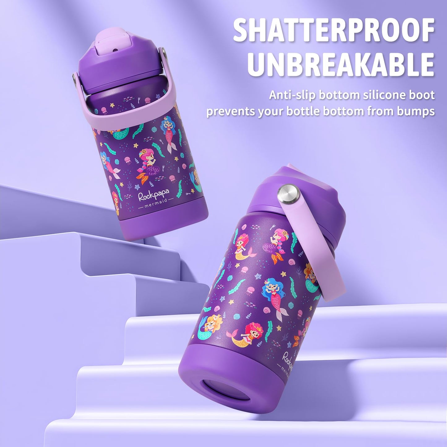 rockpapa 14 oz Kids Insulated Water Bottle，Stainless Steel Toddler Cups with Straws, BPA Free, Leak-Proof, Kids Water Bottle for School Boys& Girls (Purple Mermaid)