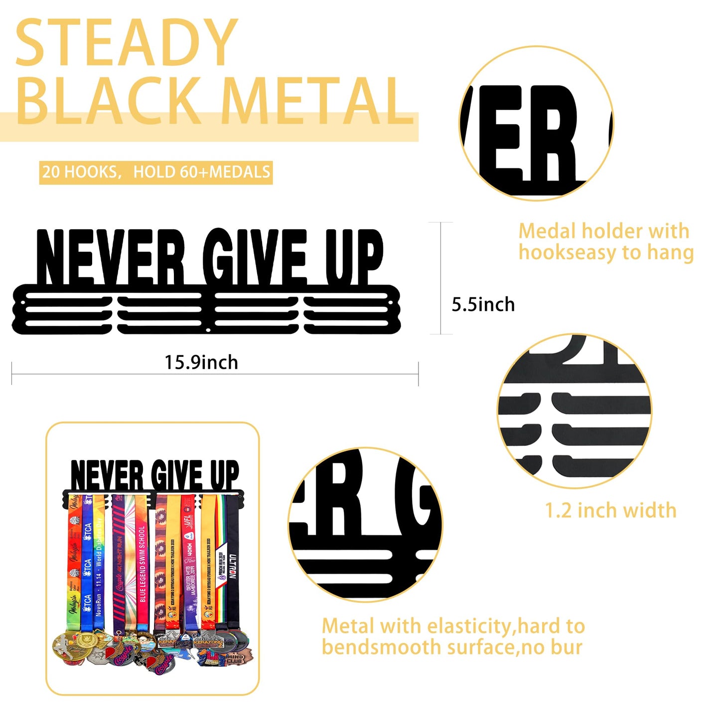 Goutoports Medal Holder Display Hanger Rack Frame for Sport Race Runner Sturdy Black Steel Metal Over 60 Medals Easy to Install-HOL30P