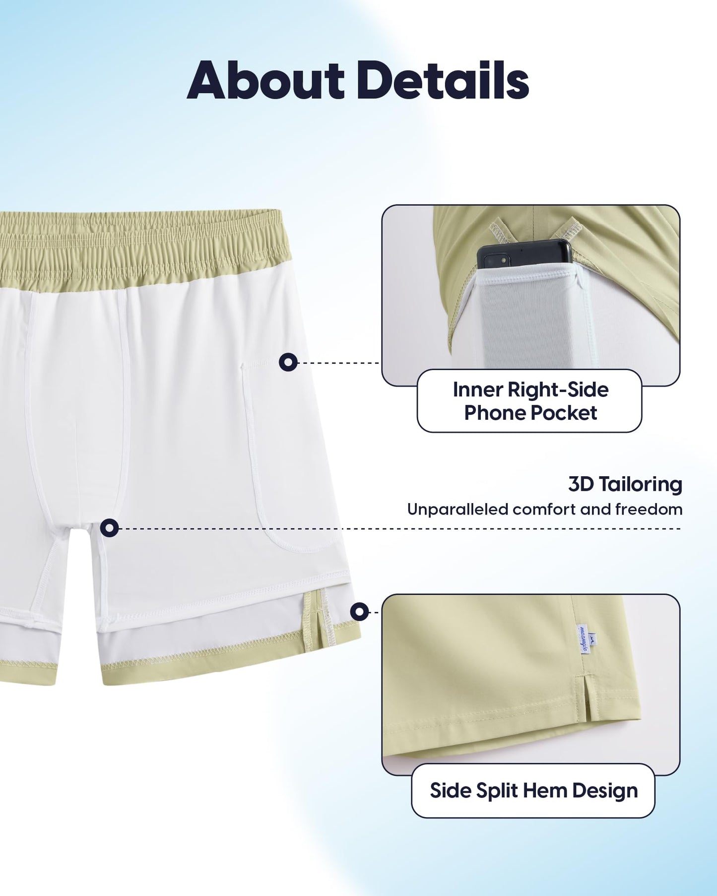 maamgic Mens Swim Trunks - Mens Bathing Suit with Compression Liner 7 Inch Quick Dry Fshion Stretch Zipper Pockets Swimwear Light Khaki White