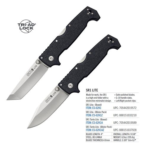 Cold Steel SR1 Lite 8Cr14MoV Steel 4" Clip Point Blade Griv-Ex Handle Folding Knife with Tri-Ad Locking Mechanism, Boxed