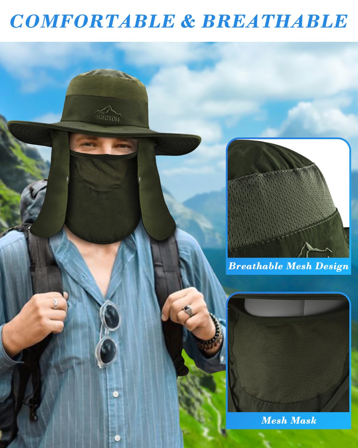 BROTOU Sun Cap Fishing Hats, UPF 50+ Wide Brim Outdoor Protection Hat, Sun Hat with Face & Neck Flap Cover for Men and Women (Gray)