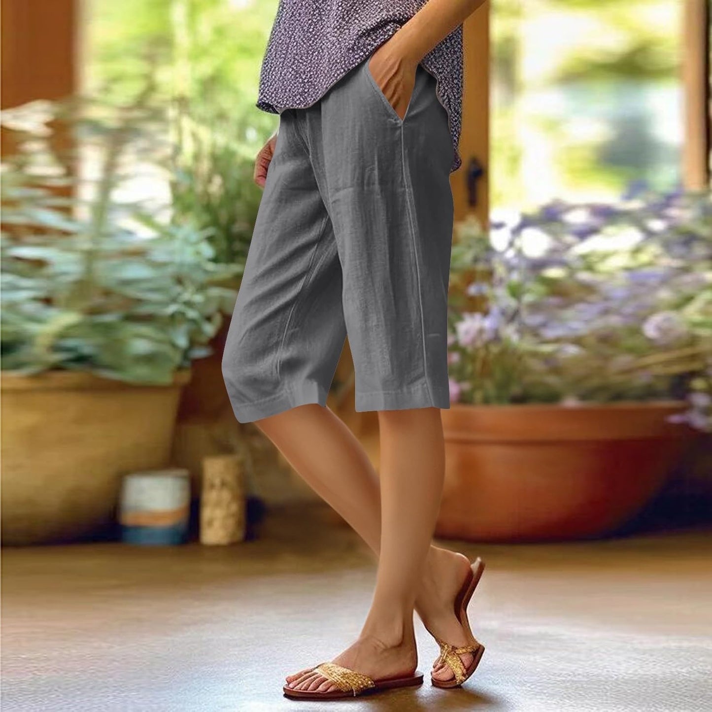 DMOYALA Knee Length Linen Shorts for Women Summer Trendy Elastic Waist Bermuda Shorts with Pockets Loose Beach Pants Dark Grey M