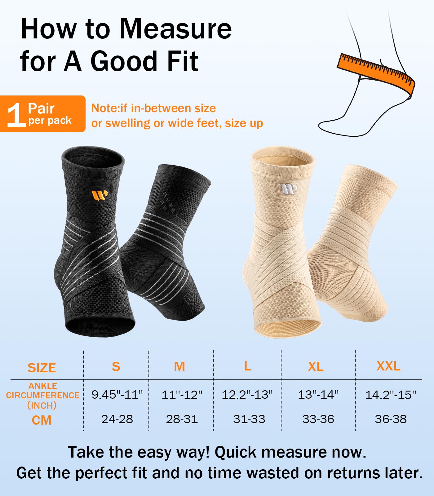 WHCOOL Low-Profile Ankle Braces for Women & Men, Customizable Ankle Compression Sleeve w/Wide Strap, Foot Support Wrap for Plantar Fasciitis Pain Relief, Achilles Tendonitis, Sprain, Black, 1 Pair, S