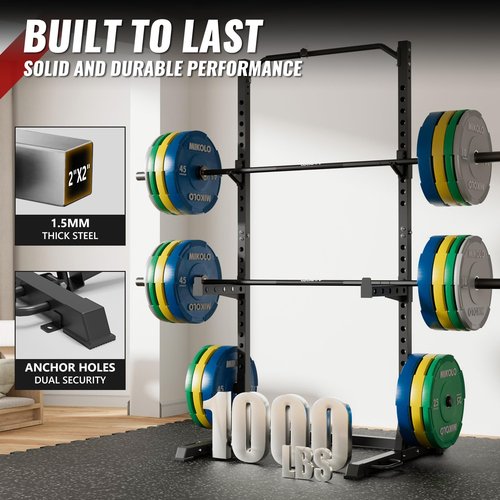 Mikolo Squat Rack, Adjustable Squat Rack Fits 6/7FT Bar, Squat and Bench Rack with Pull Up Bar for Strength Training, Squat Rack for Home Gym,1000LB Capacity, Black