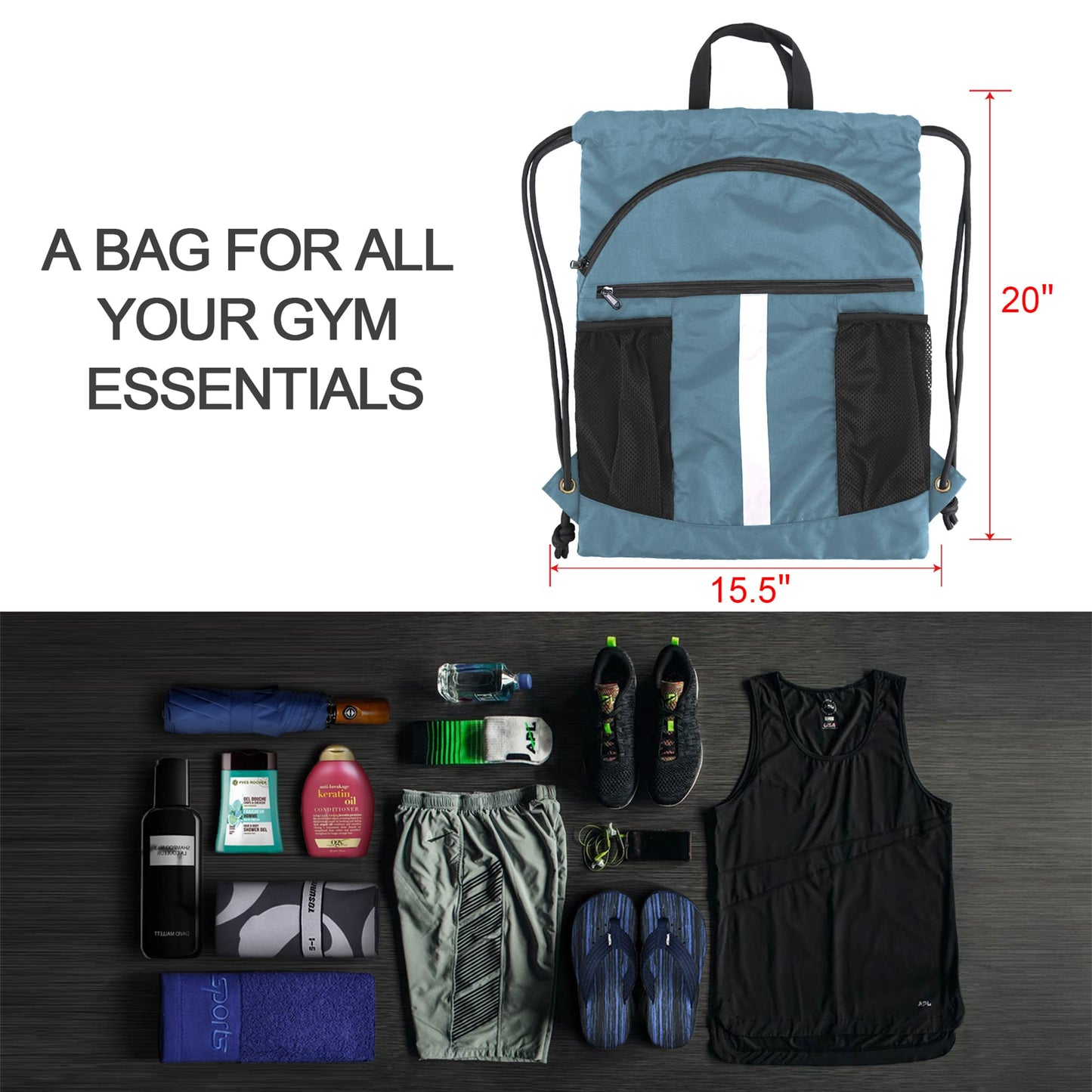 BeeGreen Workout Backpack with Shoe Compartment - Large Sackpack String Bag with Zipper Pockets and Water Bottle Pockets - Sports Yoga Cinch Bag for Gym - Haze Blue