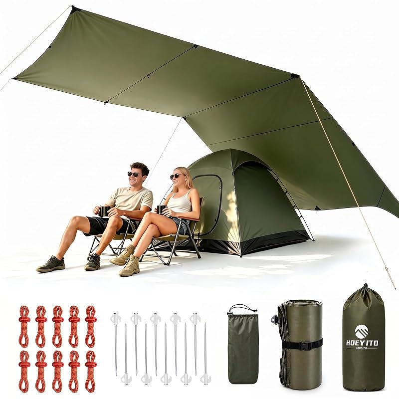 17x10 ft Large Waterproof Camping Tarp with PU6000mm Rain Fly - UPF100+ Sun Protection, Lightweight Canopy for Outdoor Camping (Army Green)