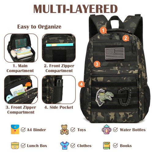 Kids Tactical Backpack Army Molle Bookbag Military Boys Backpack for School, Outdoor, Camping, Black Camo