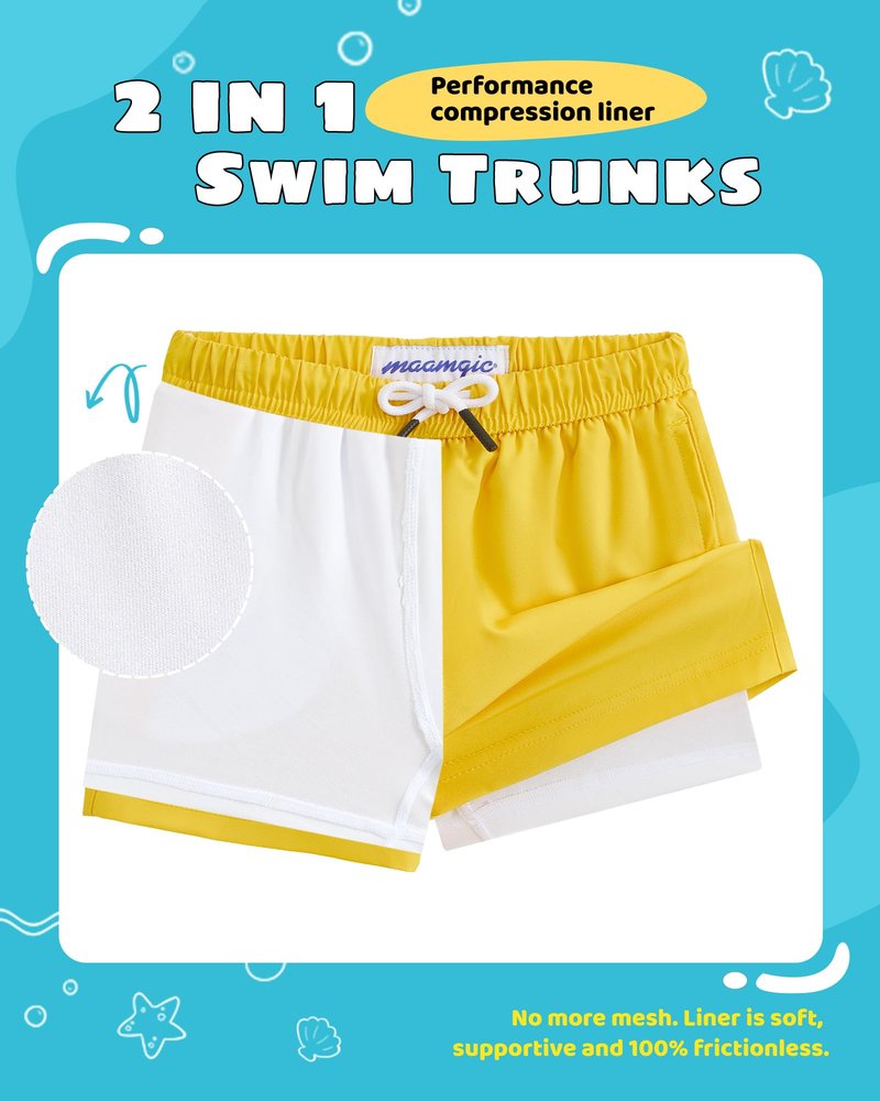 maamgic Boys Swim Trunks with Compression Liner Toddler Stretch Swim Shorts Quick Dry Swimming Trunks Boxer Brief 2 in 1 Beach Shorts Yellow 8
