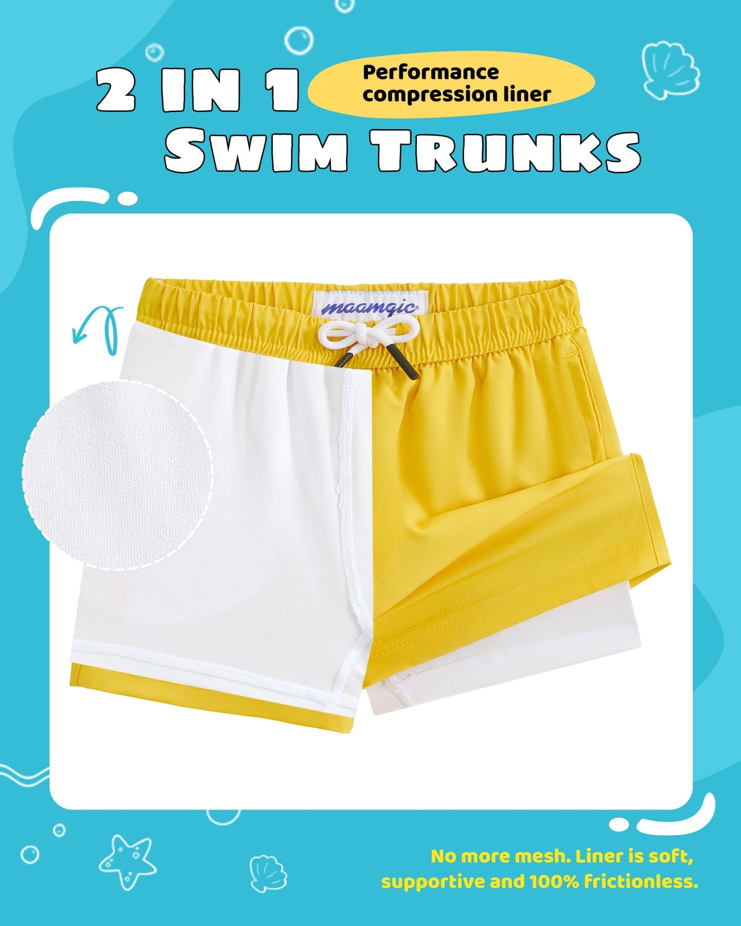 maamgic Boys Swim Trunks with Compression Liner Toddler Stretch Swim Shorts Quick Dry Swimming Trunks Boxer Brief 2 in 1 Beach Shorts Yellow 14/16