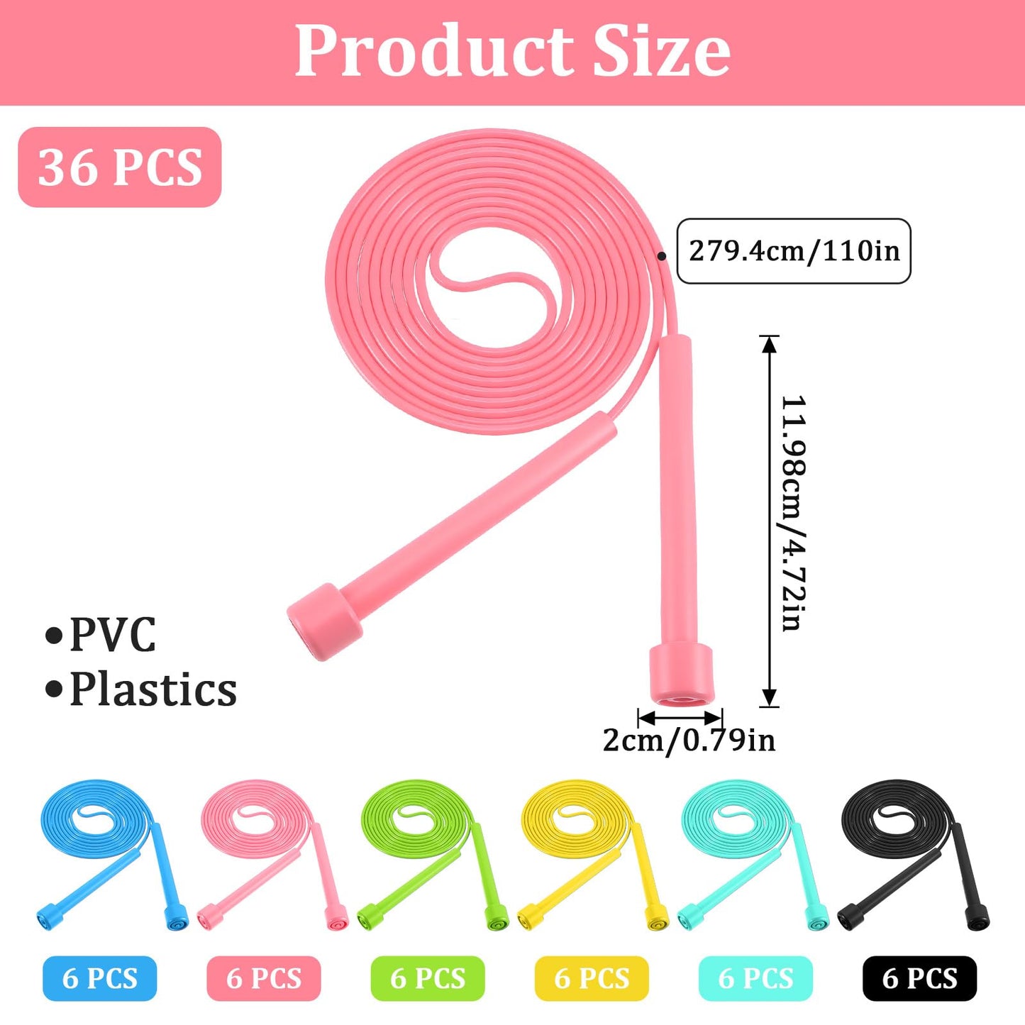 36 Pcs PVC Skipping Rope Adjustable, Jump Ropes Bulk Set, Colorful Jumping Ropes, Lightweight Tangle-Free Beaded Jump Rope for Outdoor Indoor Fitness Exercise Fun