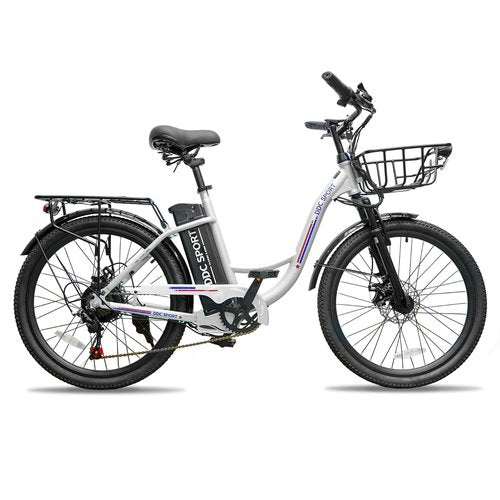 DDC SPORT 24 Inch Cruiser Electric Bike, E-Bike for Adult, Ebike with Removable Battery, Step Through Ebike for Women Men,City Electric Bicycle with Basket,for City Commuter (White)