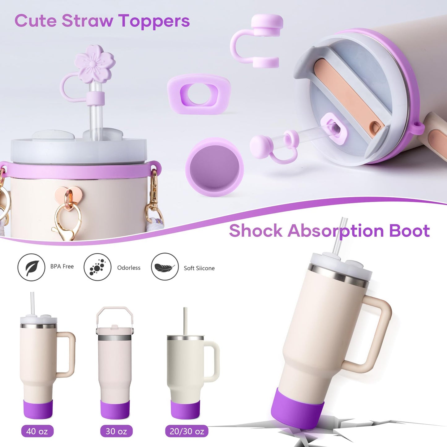 Bufilea Stanley Cup AccessoriesI Bottle Handle Carrier Strap,Silicone Cup Boot, Lipstick Holder, Straw Topper & Spill Stopper Cute Decorative Charms, Accessories for Stanley Cup 40oz/30oz Decor