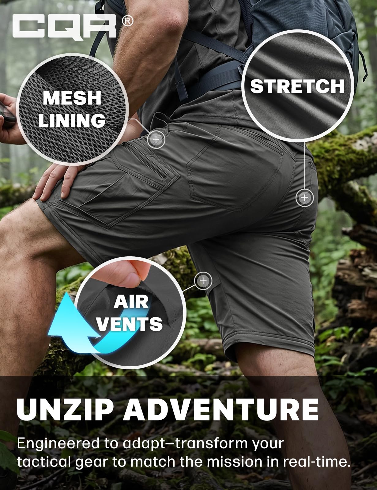CQR Men's Convertible Cargo Tactical Pants, Water Resistant Outdoor Hiking Pants, Zip Off Lightweight Stretch Work Pants, Runyon Cargo W/Belt Charcoal, 34W x 32L