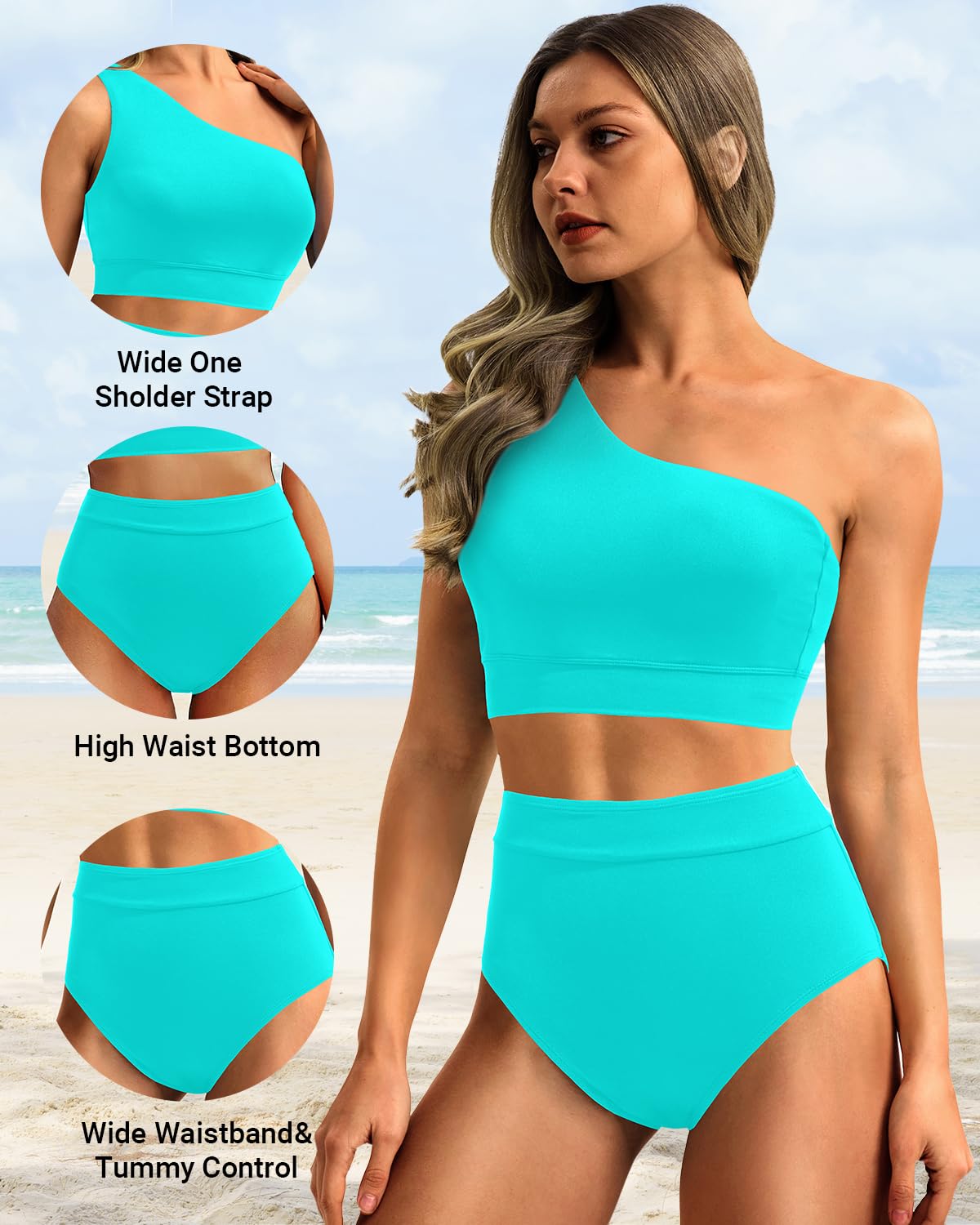 Holipick Aqua Women One Shoulder High Waisted Bikini Sets Two Piece Swimsuit Tummy Control Bathing Suit Full Coverage Swimwear M