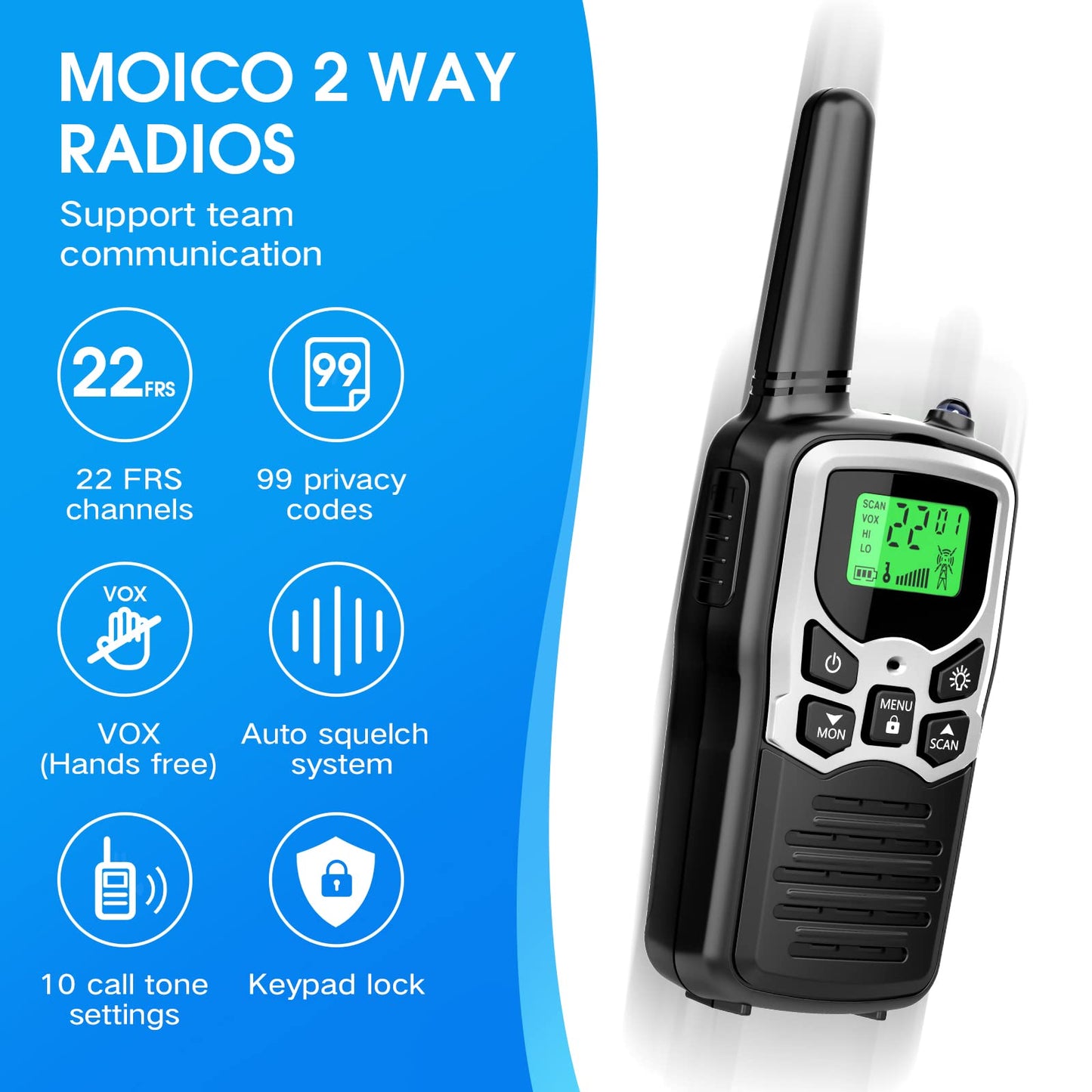 Walkie Talkies with 22 FRS Channels, MOICO Walkie Talkies for Adults with LED Flashlight VOX Scan LCD Display, Long Range Family, Radios for Hiking Camping Trip (Silver, 4 Pack)