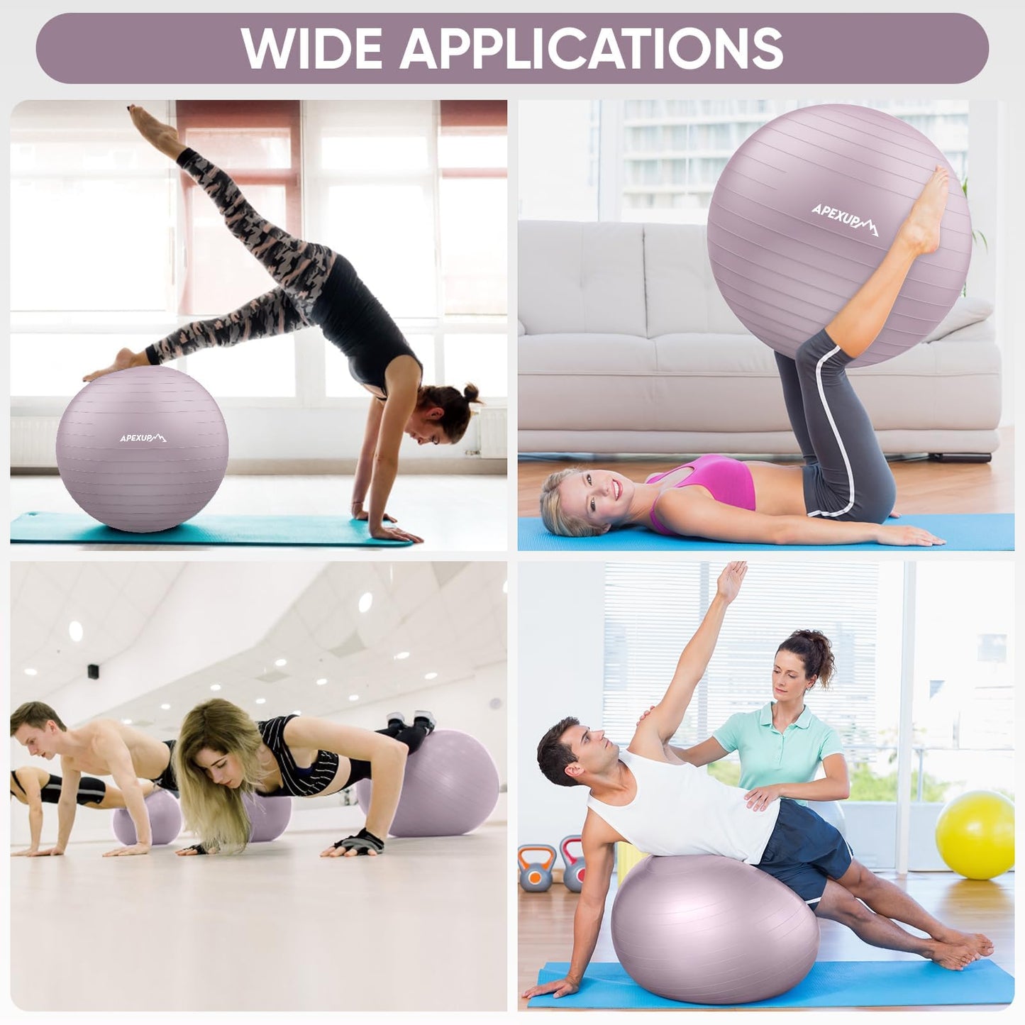 APEXUP Yoga Ball, 660 lbs Anti-Burst Exercise Ball with Pump, 5 Sizes (L (23"~26") 65cm, Mauve)